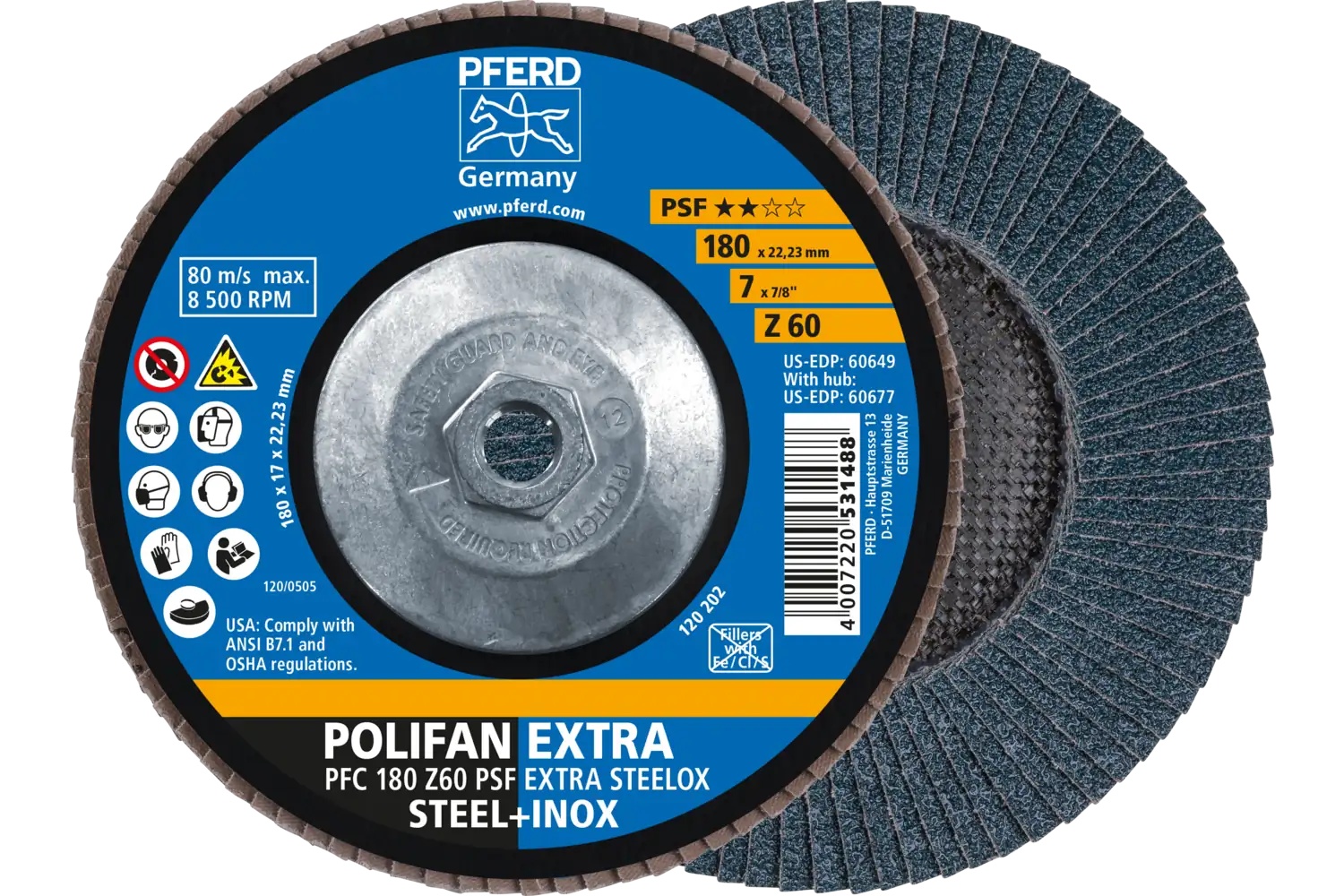 Picture of Pferd Flap Disc, 7" x 5/8-11, Z PSF Extra Steelox, 60 Grit, T29, Conical, Zirconia